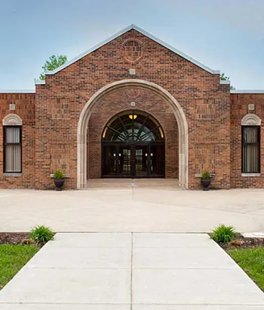 Front exterior of brick building